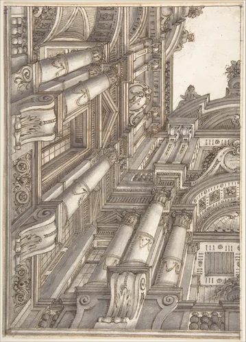 Foreshortened or Trompe L'Oeil View of the Architecture Surrounding a Courtyard by Ferdinando Galli Bibiena, drawing, 1657-1743