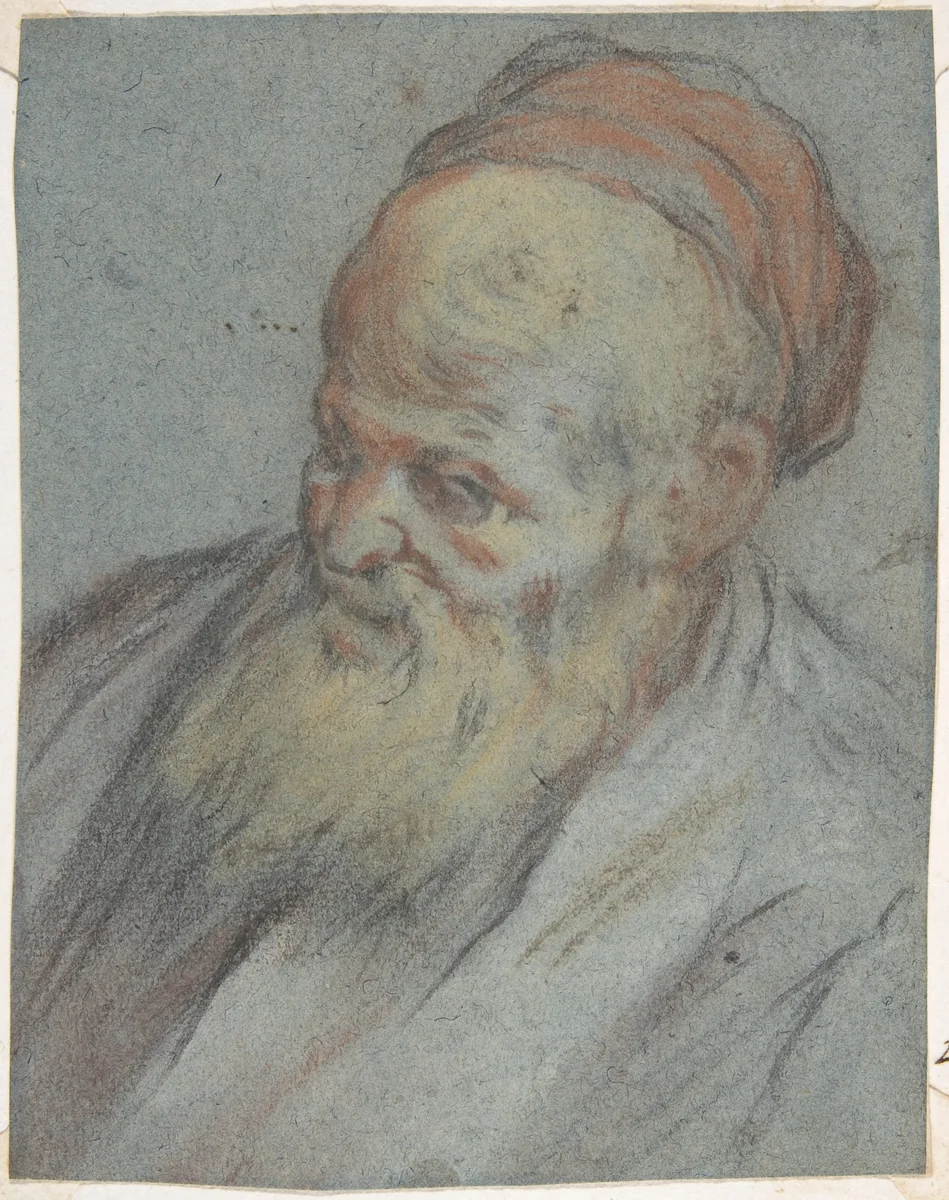 Bust-Length Study of a Bearded Man with Cap in Three-Quarter View by Jacopo Bassano, drawing, 1510-1592