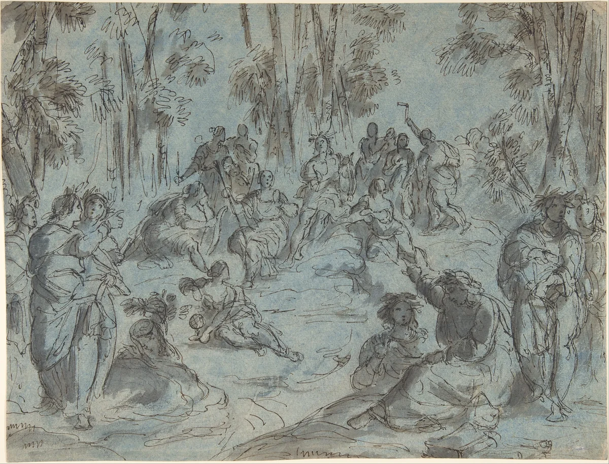 Apollo and the Nine Muses surrounded by Poets on Mount Parnassus by Karel Skréta, drawing, 1660-1700
