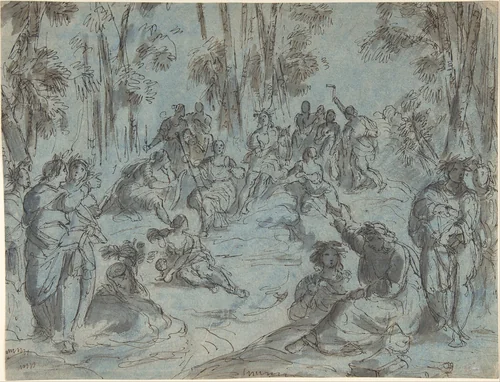Apollo and the Nine Muses surrounded by Poets on Mount Parnassus by Karel Skréta, drawing, 1660-1700