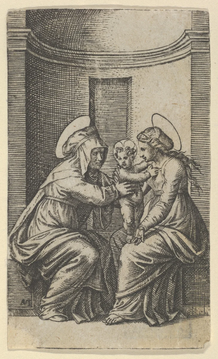 Saint Anne and the Virgin with the Infant Christ by Marcantonio Raimondi, print, 1495-1532