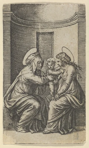 Saint Anne and the Virgin with the Infant Christ by Marcantonio Raimondi, print, 1495-1532
