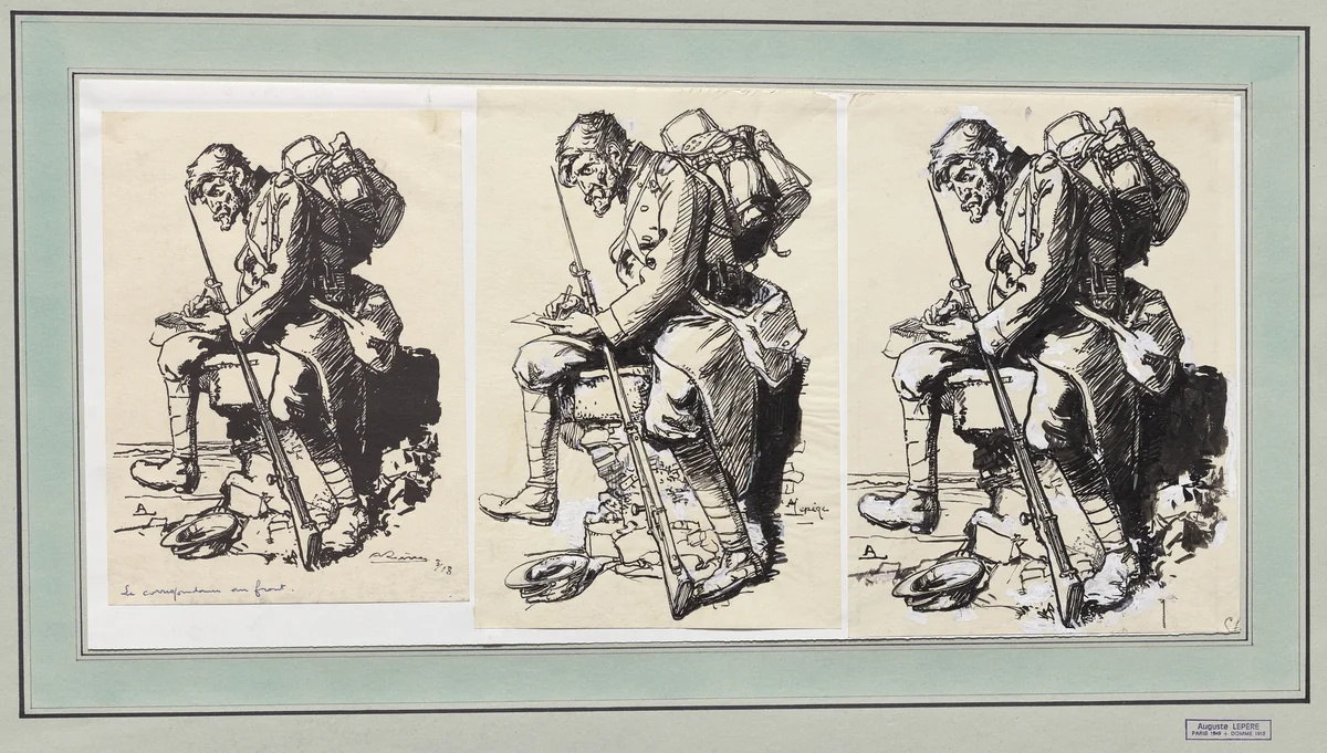 La Correspondance au front by Auguste Louis Lepère, drawing, 1914