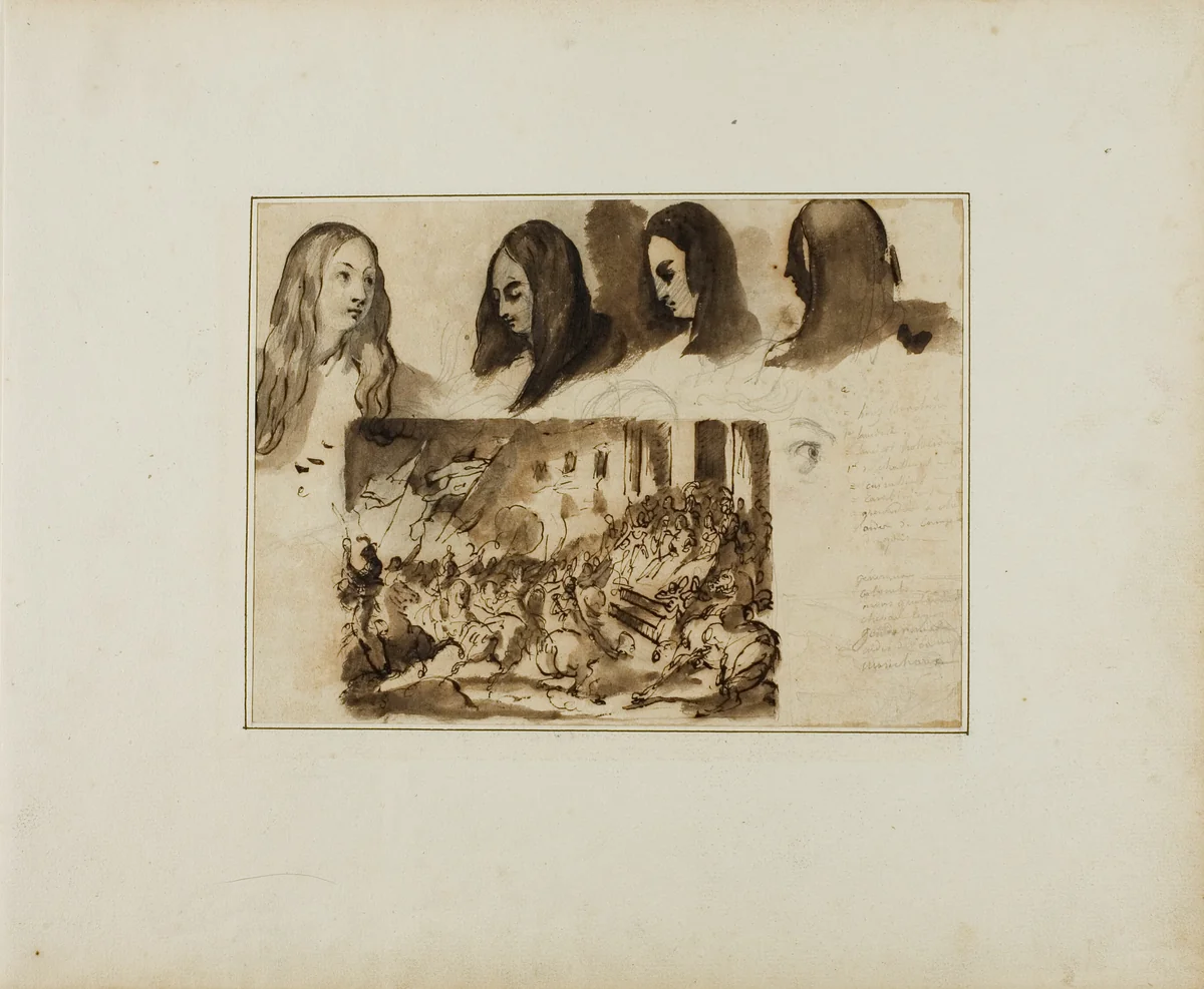 Four Views of a Woman's Head; a Parade Before Louis XVIII by Jean Louis André Théodore Géricault, drawing, 1813-1814