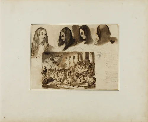 Four Views of a Woman's Head; a Parade Before Louis XVIII by Jean Louis André Théodore Géricault, drawing, 1813-1814
