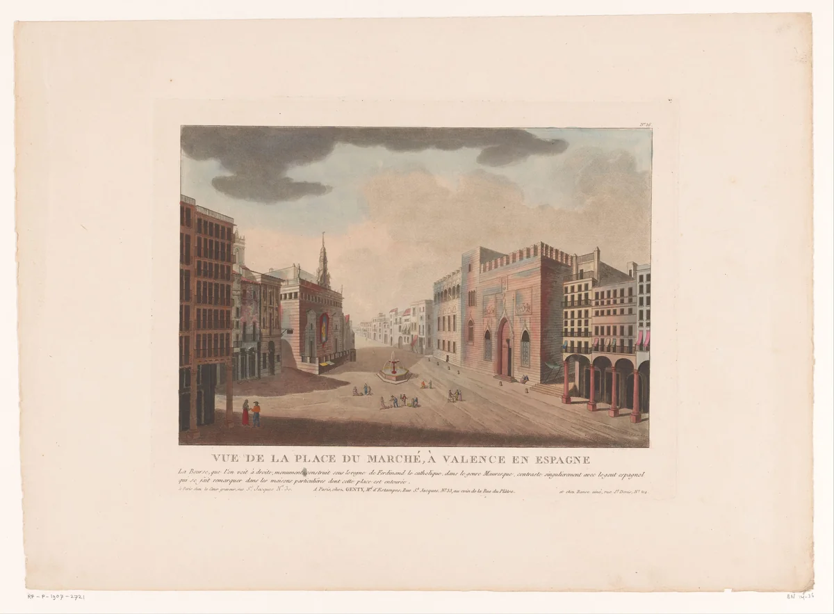 Gezicht op een plein in Valencia by Louis Lecoeur, print, 1812-1814