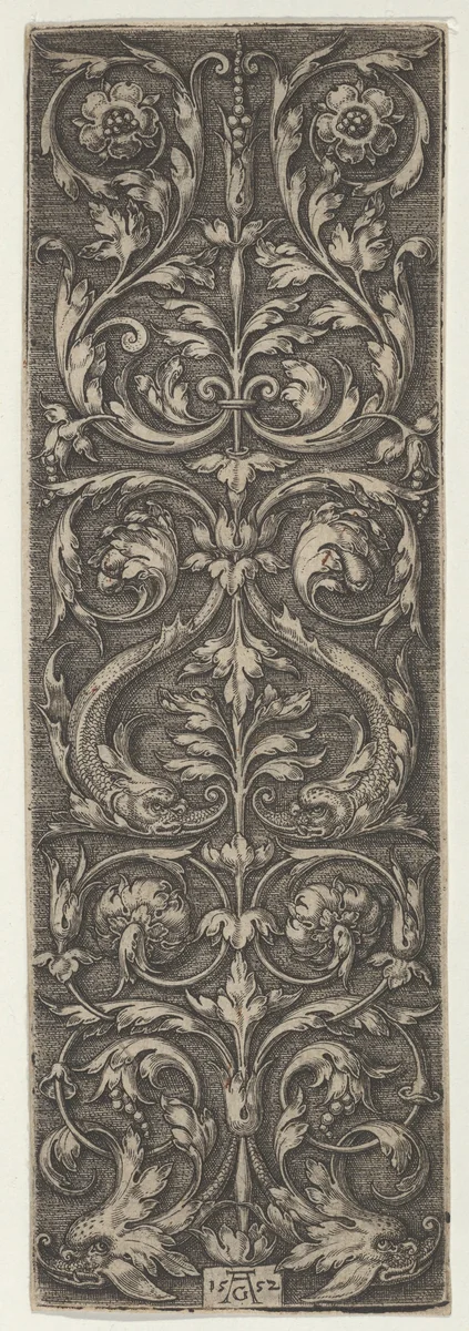 Vertical Panel with Candelabrum Containing Pairs of Fish and Rosettes by Heinrich Aldegrever, print, 1552
