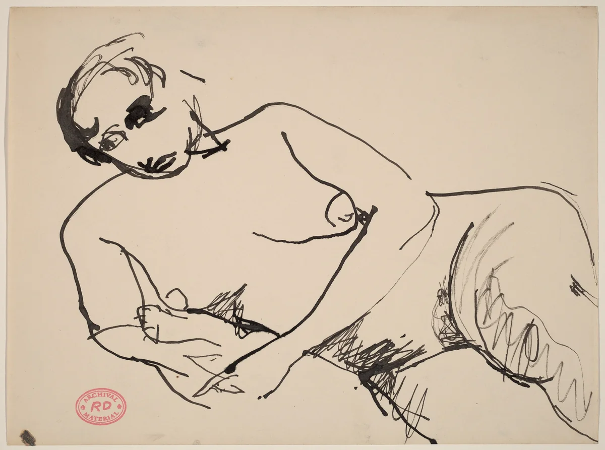 Untitled [female nude reclining with a cushion under her side] by Richard Diebenkorn, drawing, 1955-1967