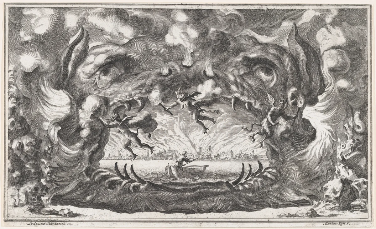 The hellmouth, set design from 'Il Pomo D'Oro' by Mathäus Küsel, print, 1668