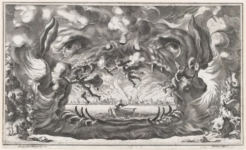The hellmouth, set design from 'Il Pomo D'Oro' by Mathäus Küsel, print, 1668