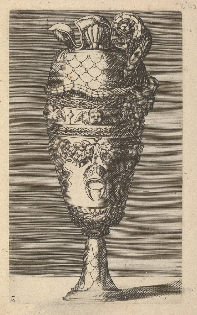 Vase with Cherubs and a Helmet by René Boyvin, print, 1670-1700