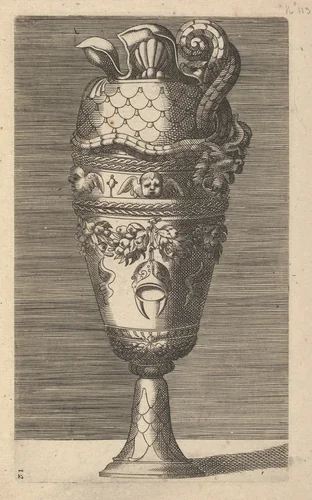 Vase with Cherubs and a Helmet by René Boyvin, print, 1670-1700