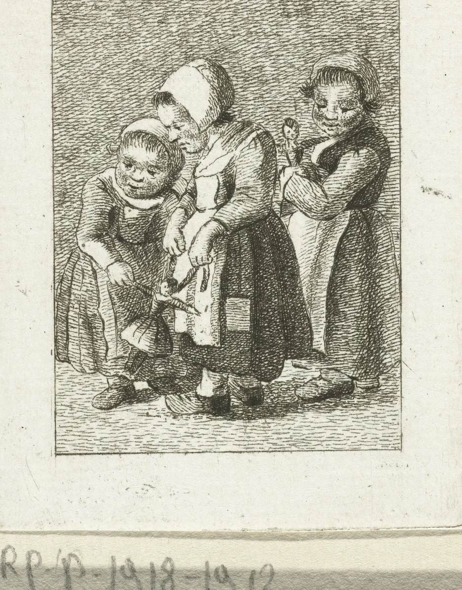Drie meisjes met poppen by anonymous, print, 1779