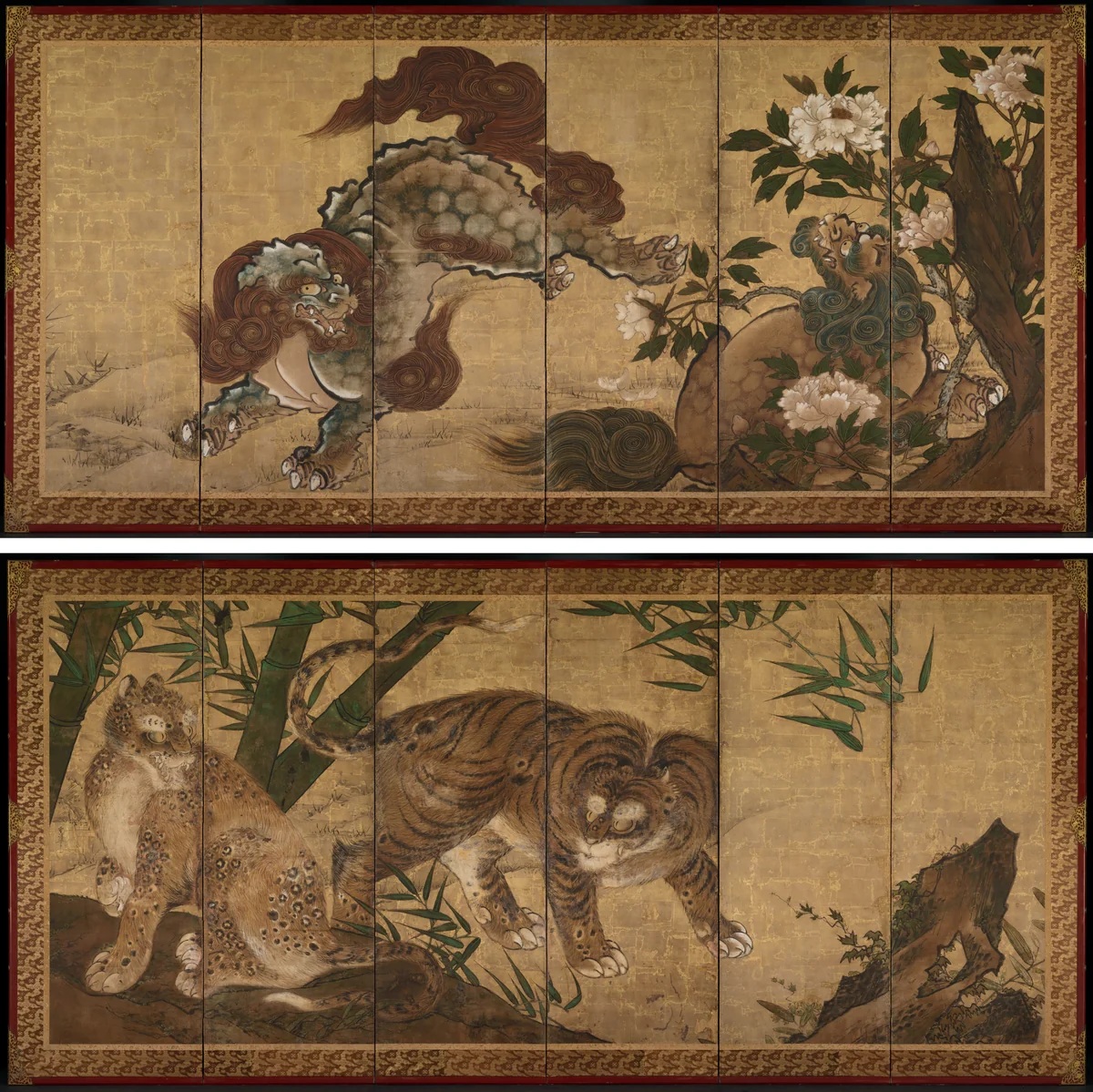 Lions and Tigers in Peony and Bamboo by Yamaguchi Sekkei, painting, 1668