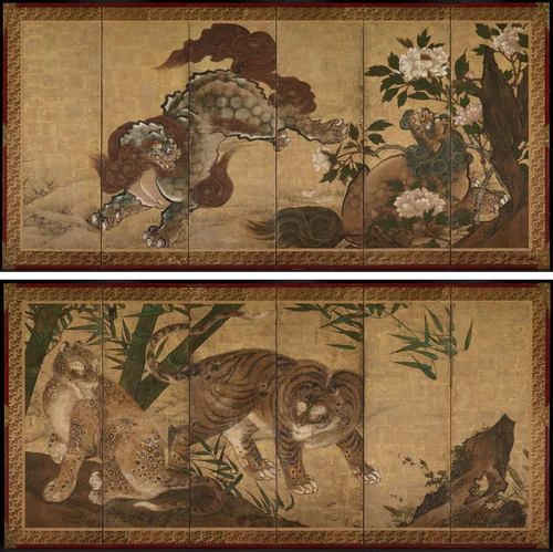 Lions and Tigers in Peony and Bamboo by Yamaguchi Sekkei, painting, 1668