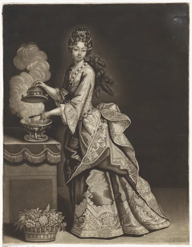 Reuk: vrouw naast een dampende pot by Pieter Schenk, print, 1670-1713