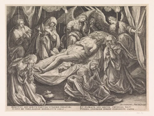 Bewening van Christus door engelen, Johannes de Evangelist en de drie heilige vrouwen by Unknown, print, 1590-1632