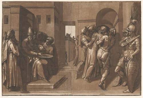 Pilatus wast zijn handen in onschuld by Unknown, print, 1585