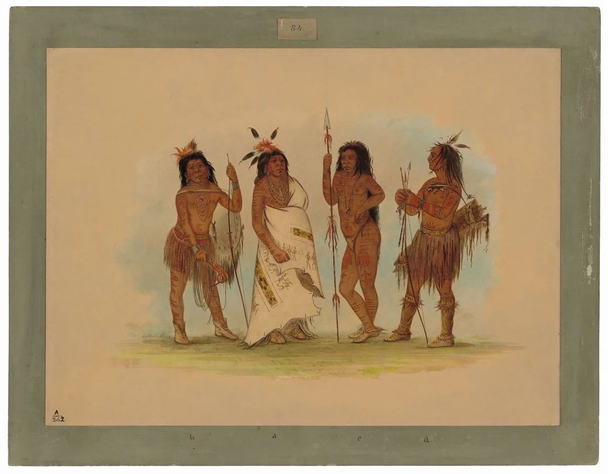 Apachee Chief and Three Warriors by George Catlin, painting, 1855-1869