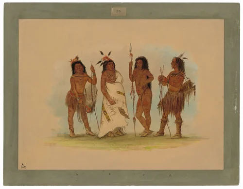 Apachee Chief and Three Warriors by George Catlin, painting, 1855-1869
