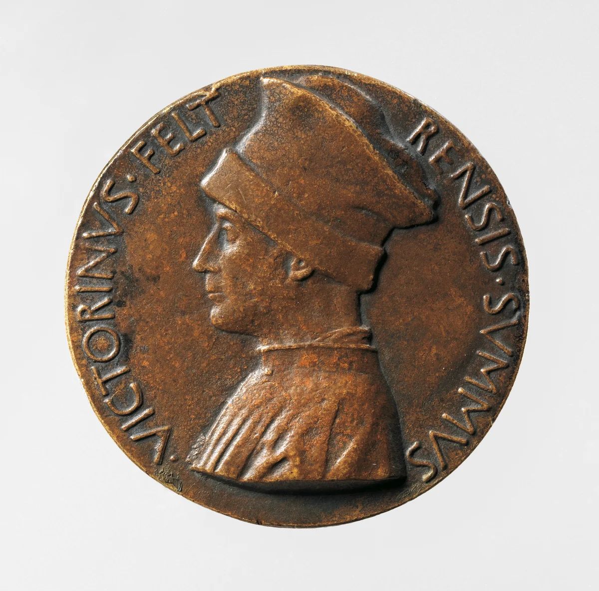Portrait medal of Vittorino Rambaldoni da Feltre (obverse); A Pelican (reverse) by Pisanello, metalwork, 1446-1447
