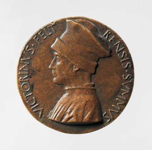 Portrait medal of Vittorino Rambaldoni da Feltre (obverse); A Pelican (reverse) by Pisanello, metalwork, 1446-1447