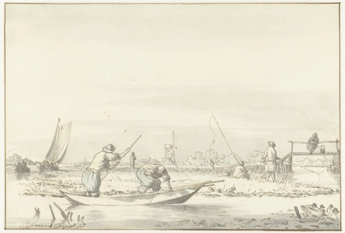 Polderlandschap met vissers by Pieter Coopse, drawing, 1668-1677