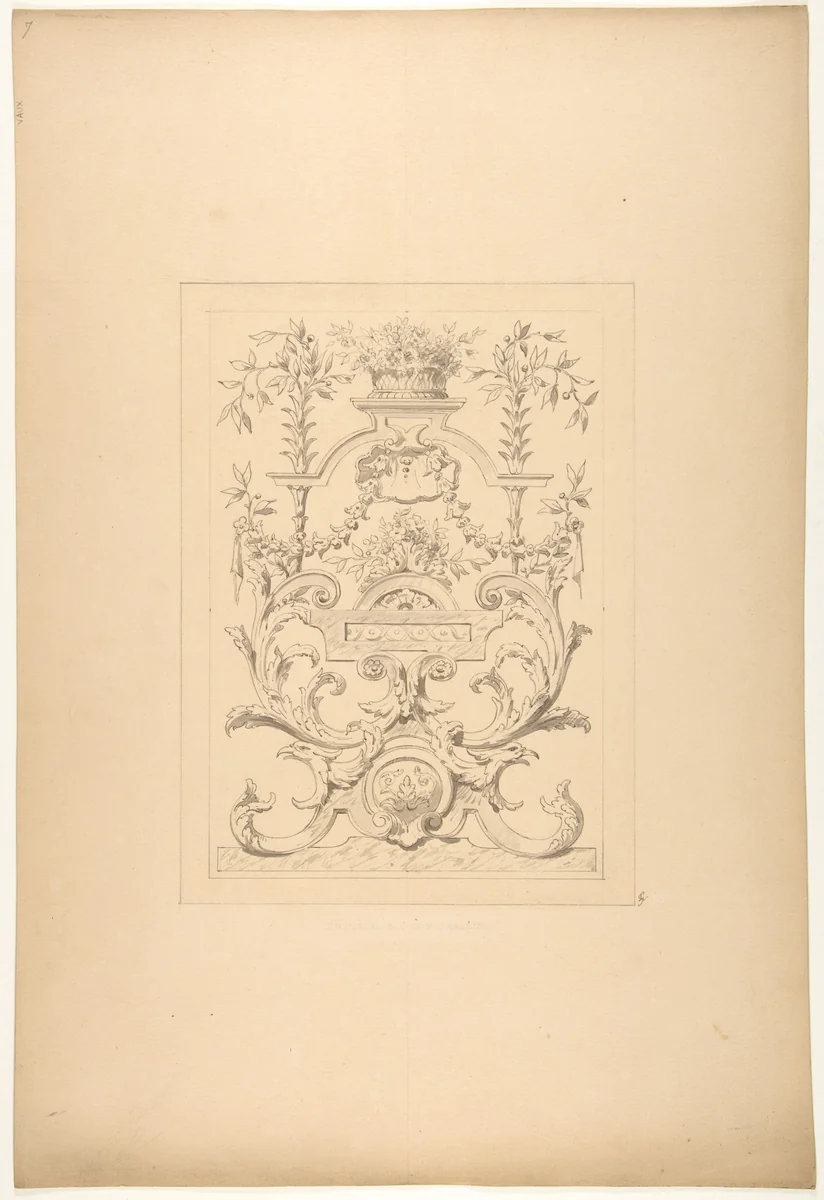 Design for a decorative panel in the Baroque style for the Chateau de Vaux-Praslin by Jules-Edmond-Charles Lachaise, drawing, 1850-1900