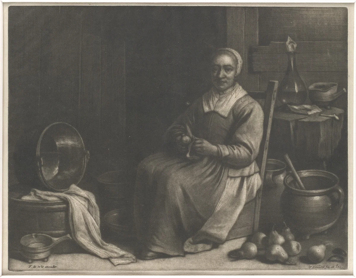 A Woman Peeling Pears by Wallerant Vaillant, print, 1635-1677