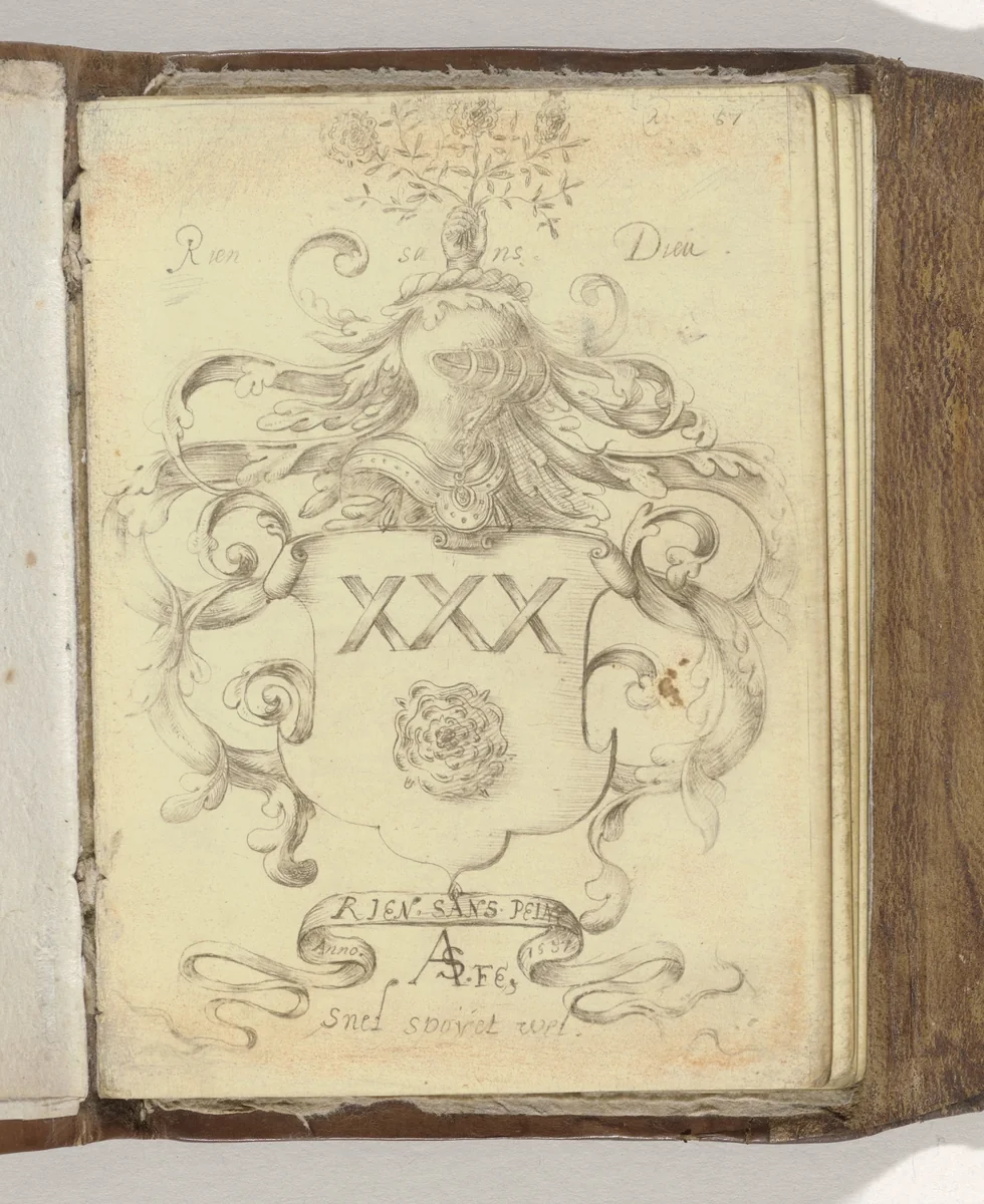 Titelblad met fantasiewapen by anonymous, drawing, 1587