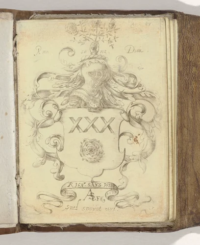 Titelblad met fantasiewapen by anonymous, drawing, 1587