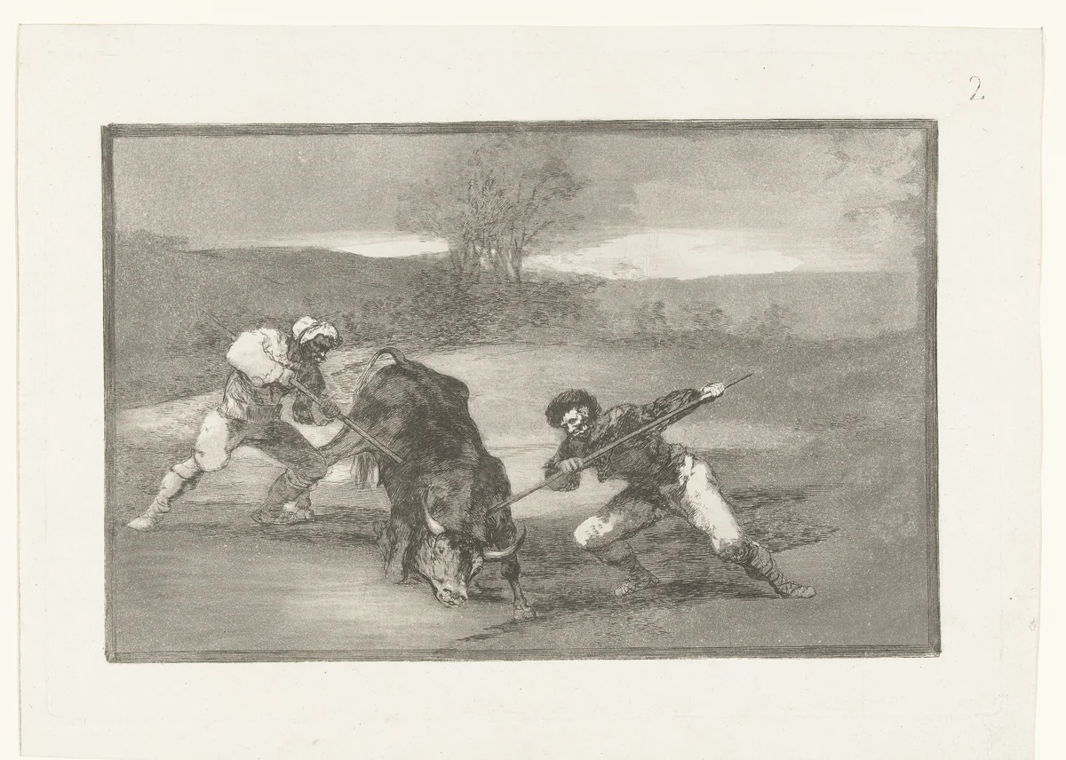 Stierenjacht te voet by Francisco de Goya, print, 1811-1816