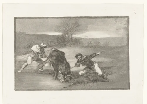 Stierenjacht te voet by Francisco de Goya, print, 1811-1816