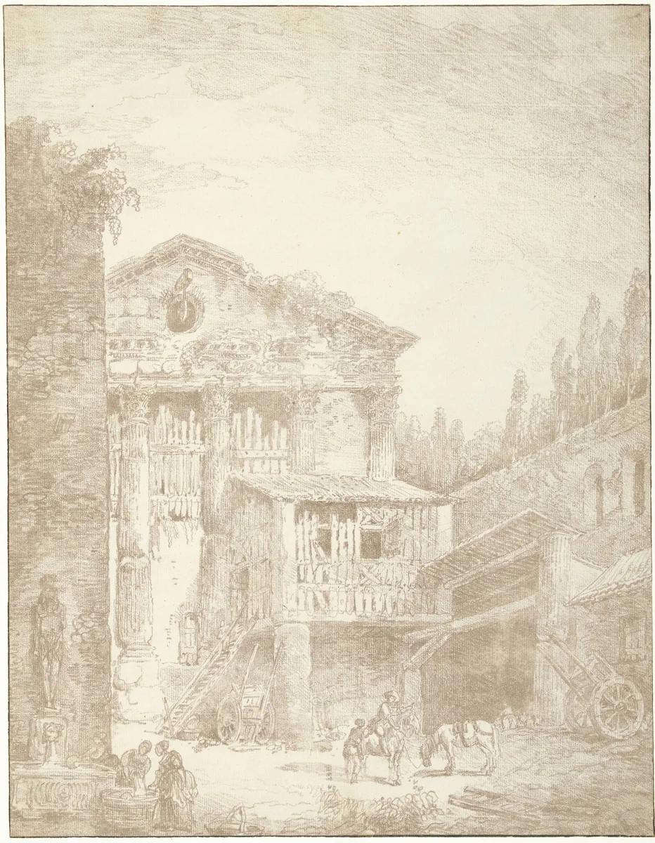 Gezicht op een salpeterfabriek in een tempelruïne bij het Forum Romanum te Rome by Hubert Robert, drawing, 1743-1808