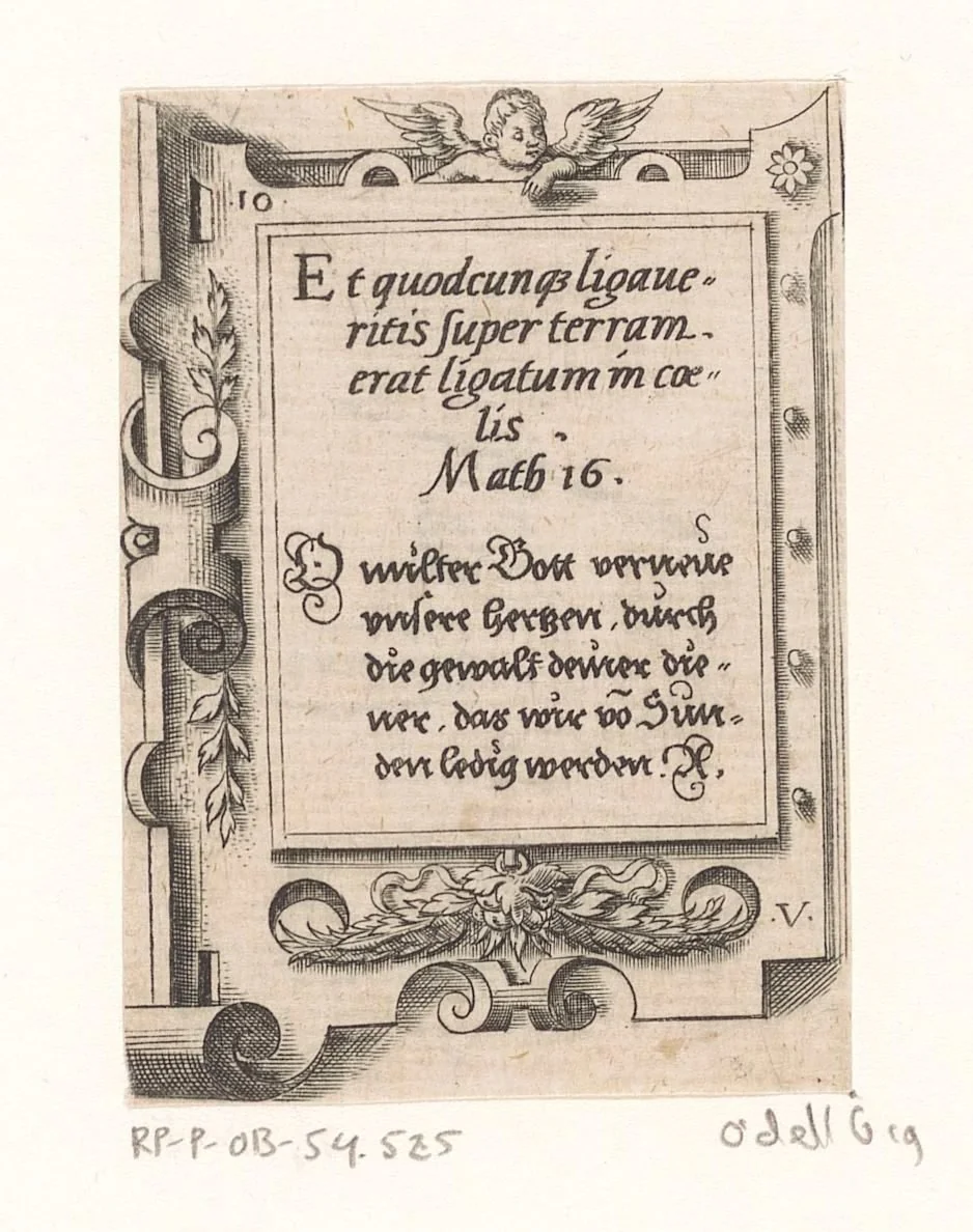 Gebed in Latijn en Duits in een rolwerk omlijsting by Unknown, print, 1568
