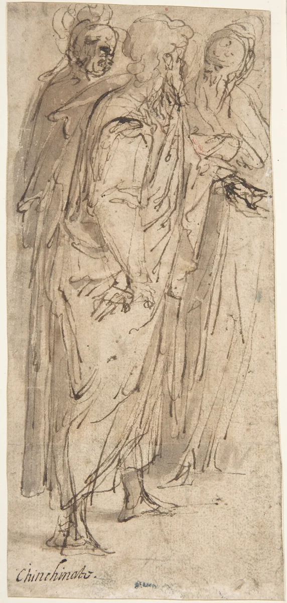 Three Standing Male Figures (recto); Two Standing Male Figures (verso) by Romulo Cincinnato, drawing, 1502-1593
