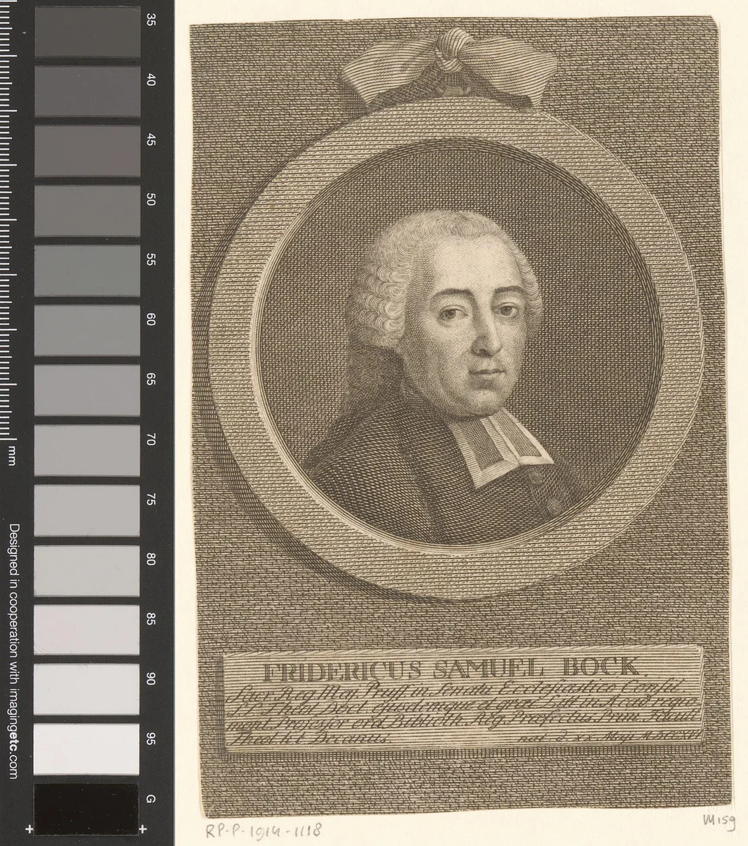 Portret van Friedrich Samuel Bock by Johann Friedrich Bause, print, 1767