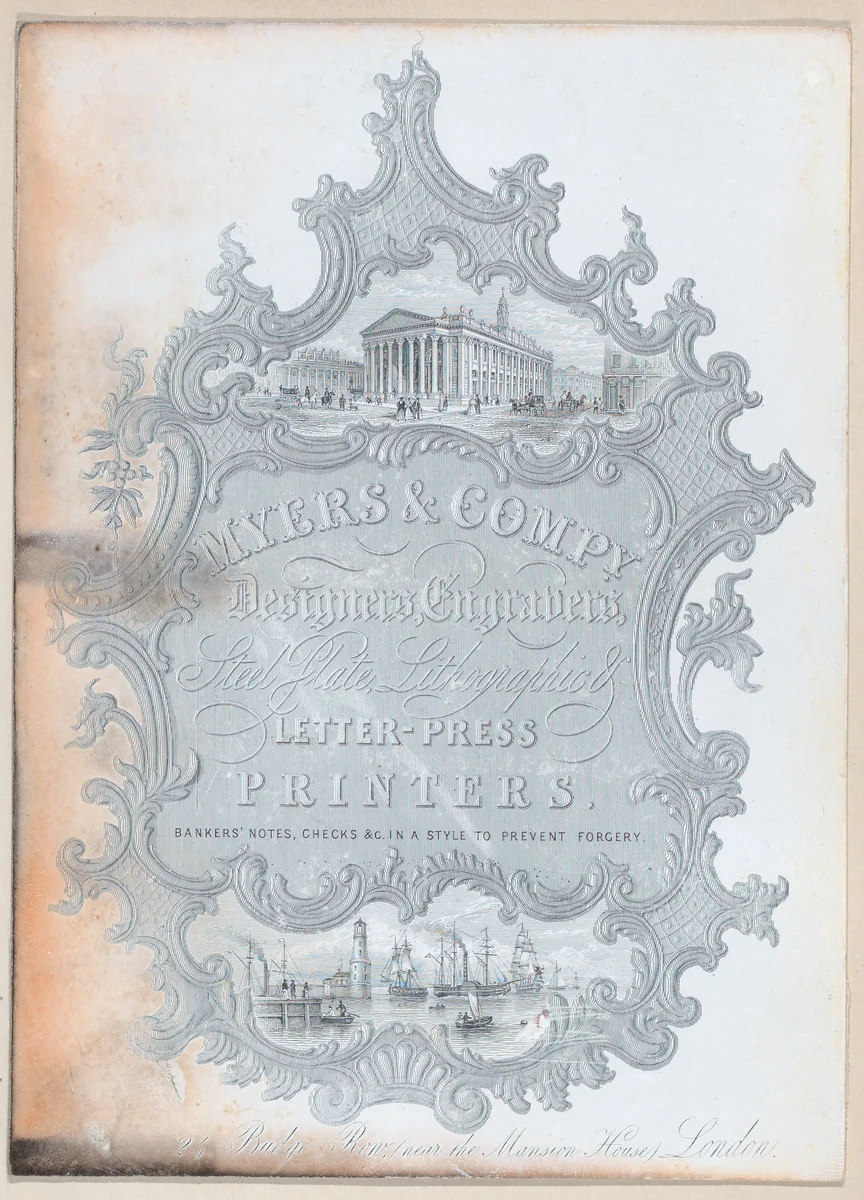 Trade Card for Myers & Co., Designers, Engravers, Steel Plate, Lithographic & Letterpress Printers by anonymous, print, 1800-1900