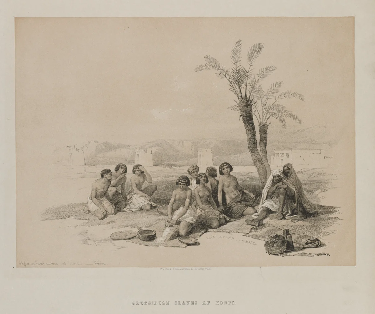 Egypt and Nubia, Volume I: Abyssinian Slaves Resting at Korti-Nubia by Louis Haghe, print, 1847