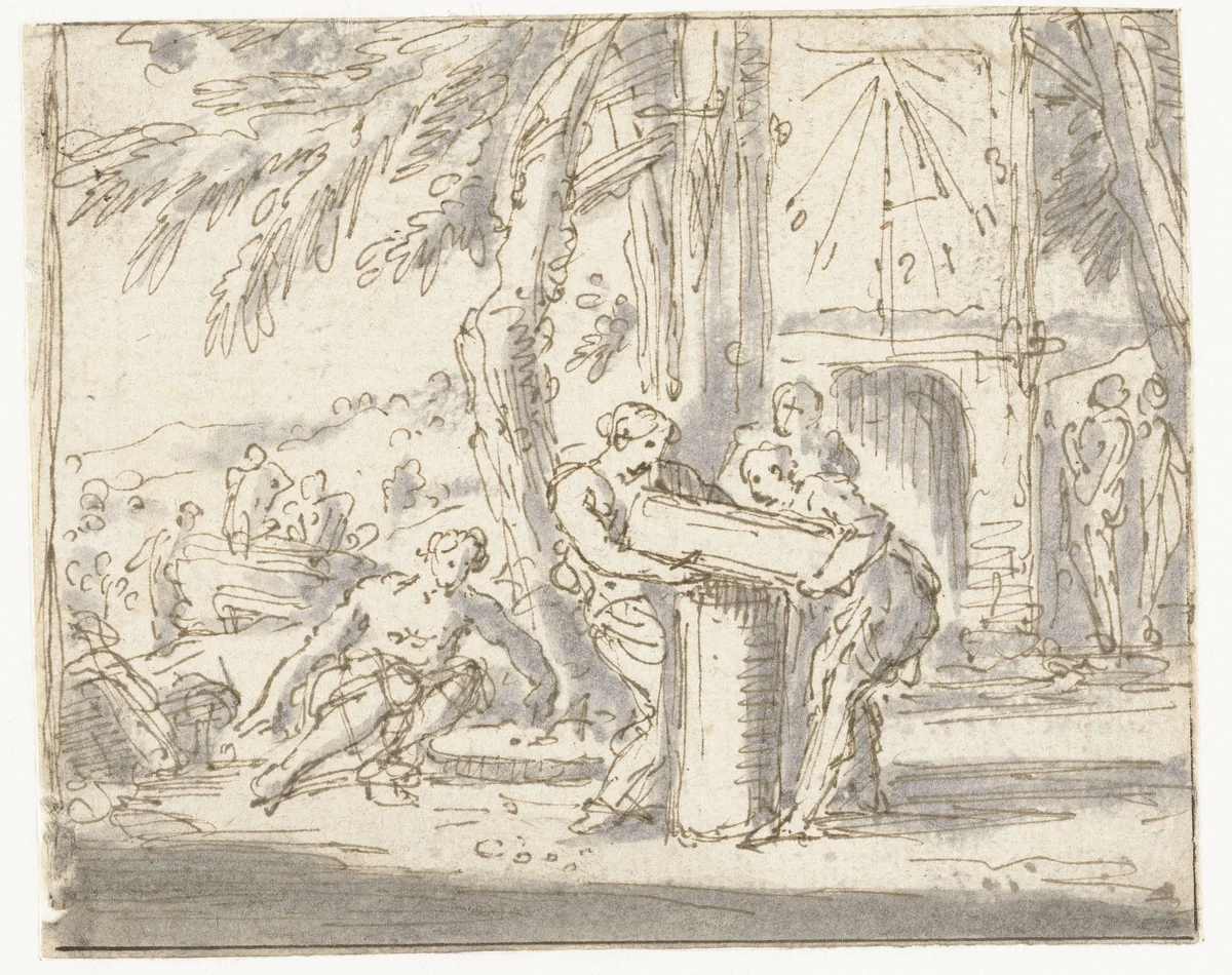 Mannen die een stuk hout dragen by Abraham Genoels, drawing, 1650-1723