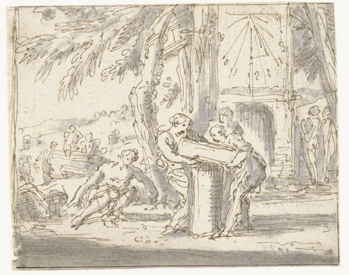 Mannen die een stuk hout dragen by Abraham Genoels, drawing, 1650-1723