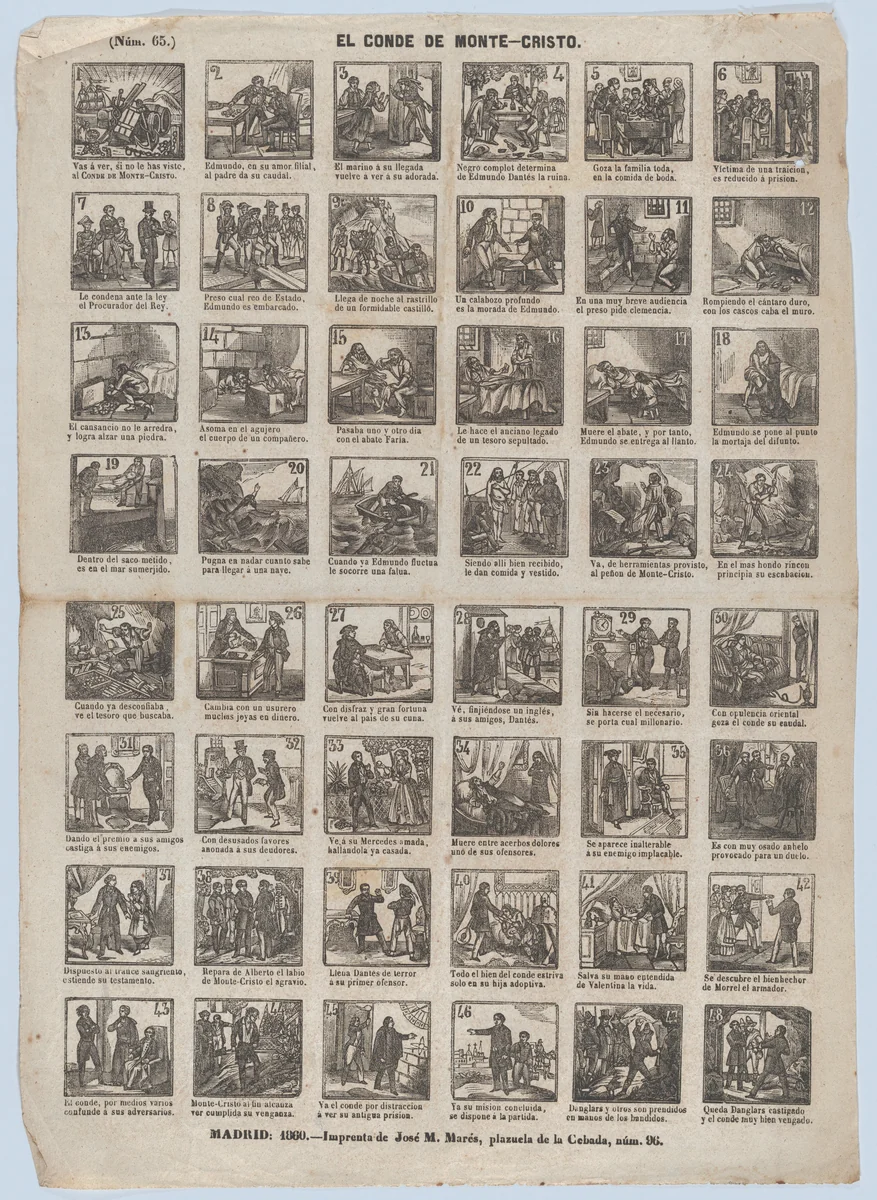 Broadside with 48 scenes from the life of the Count of Monte Cristo by José María Marés, print, 1860