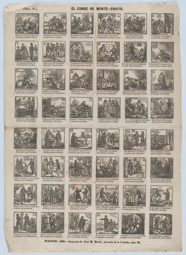 Broadside with 48 scenes from the life of the Count of Monte Cristo by José María Marés, print, 1860
