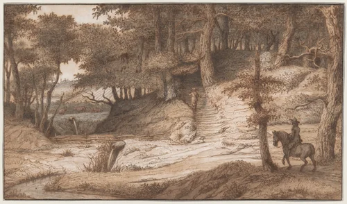 Horseman and Hunter in the Woods of Doorwerth, Near Arnhem by Lambert Doomer, drawing, 1665-1675