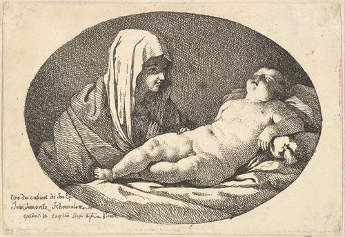 The Virgin at left watching the infant Christ as he sleeps, an oval composition, after Reni by Jean Jacques Lagrenée, print, 1760-1763