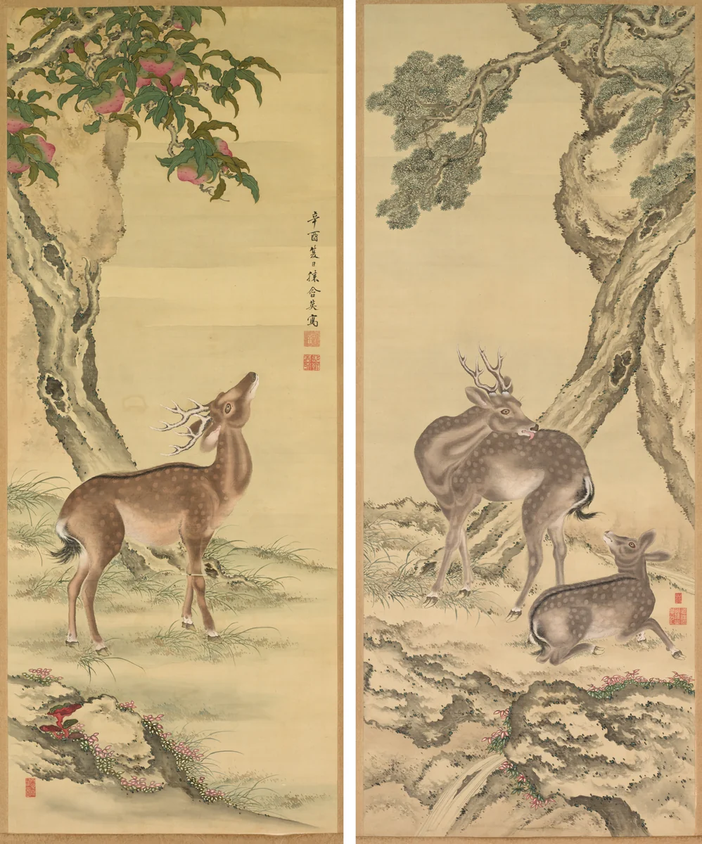 Symbols of Longevity: Deer under Peach and Pine by Toda Tadanaka, painting, 1801