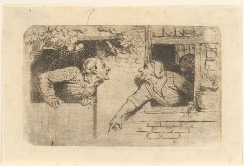 Twistende figuren die uit een deur- en raamopening hangen by Ferdinand De Braekeleer, print, 1802-1883