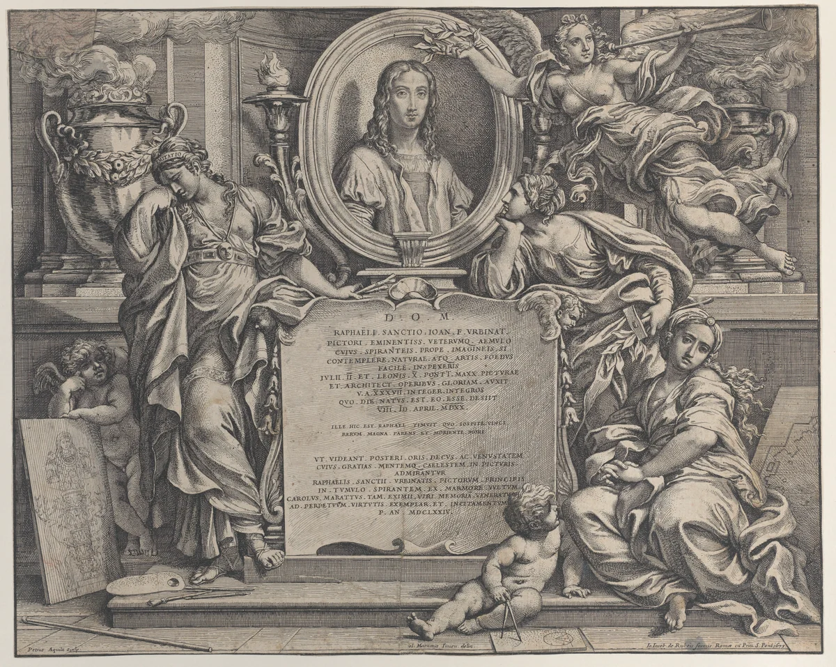 Frontispiece with oval portrait of Raphael, with three allegorical figures of the Arts supporting the tablet at center by Pietro Aquila, print, 1675