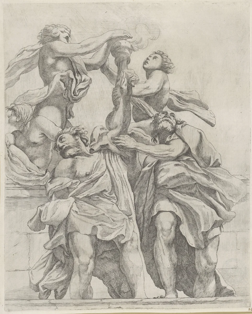Twee apostelen en drie engelen by Giovanni Battista Vanni, print, 1609-1660