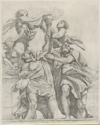 Twee apostelen en drie engelen by Giovanni Battista Vanni, print, 1609-1660